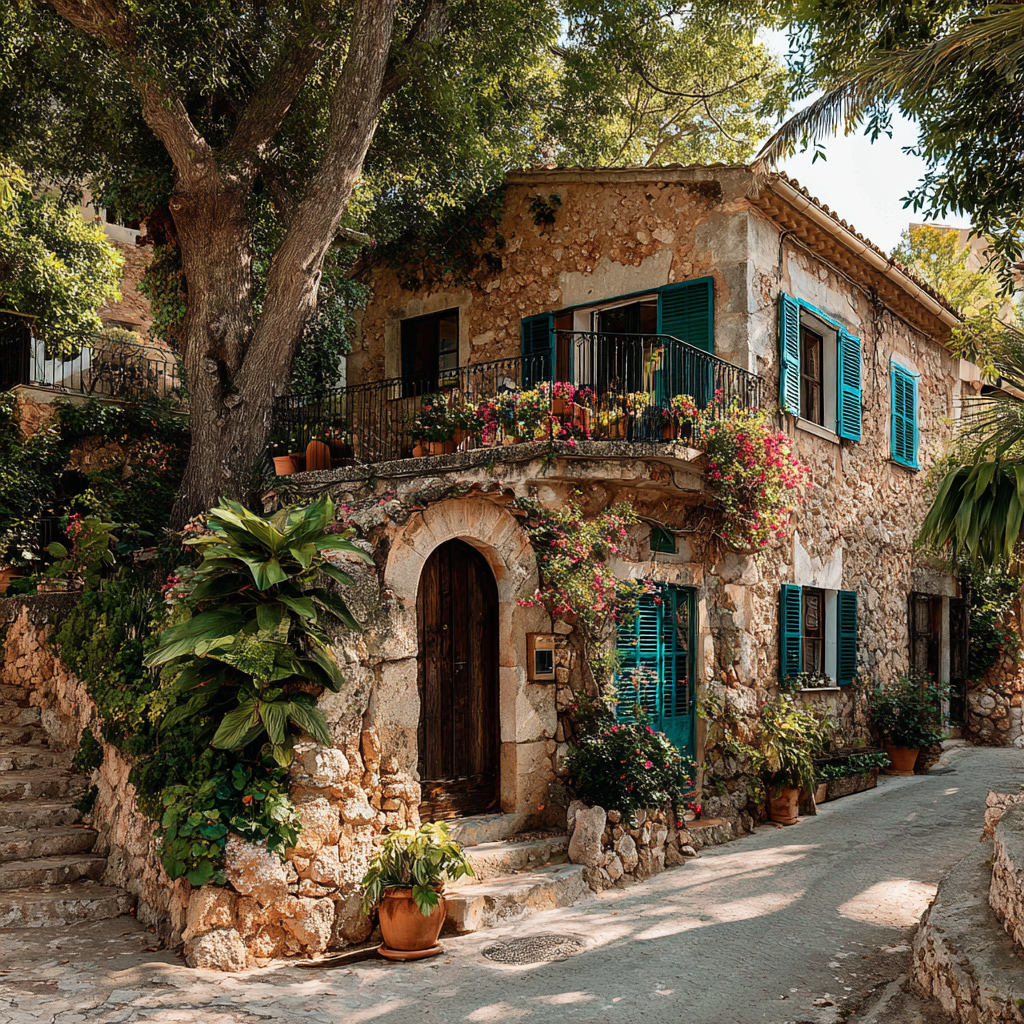 Traditional Mallorcan stone finca with teal shutters and flowering balcony
