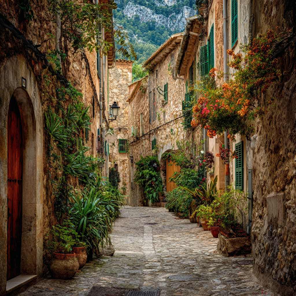 Charming Mallorcan village alley with stone buildings and flowering plants