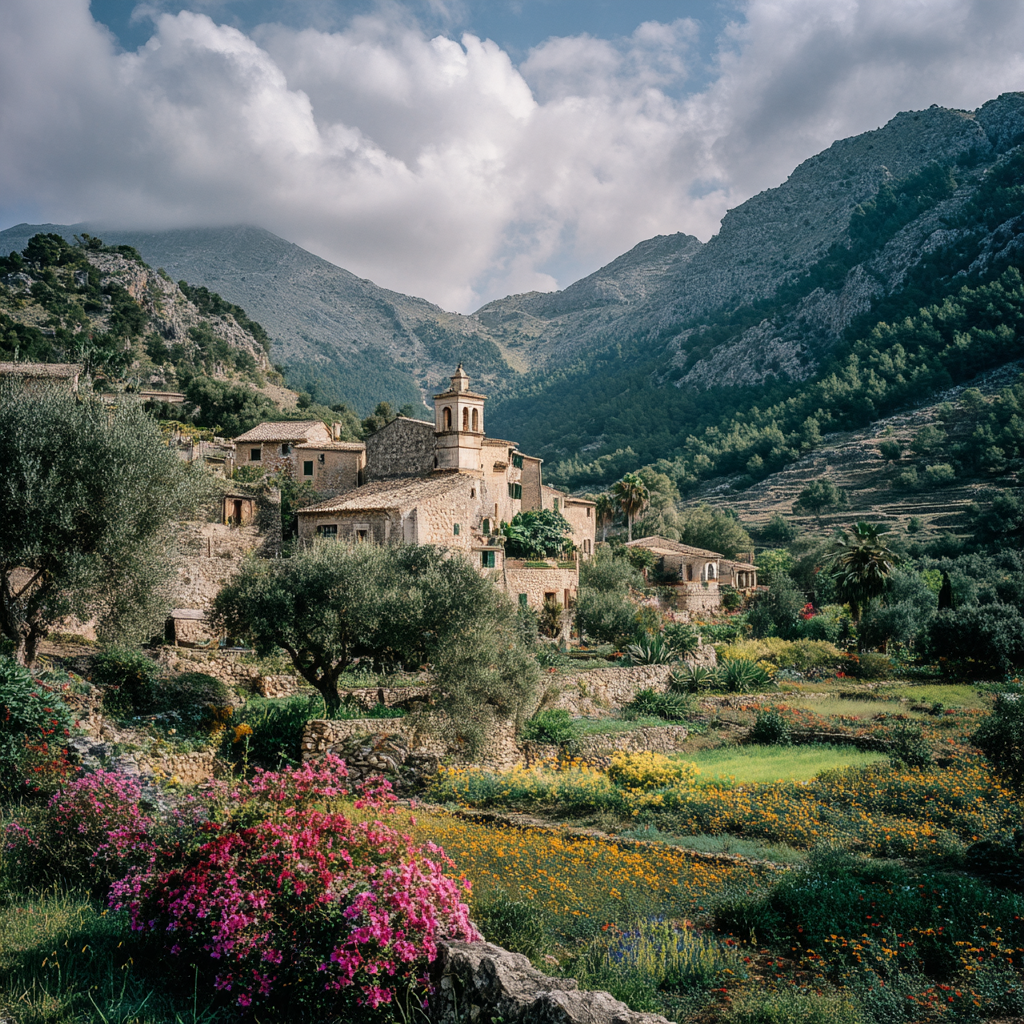 Mallorcan mountain estate surrounded by olive trees and wildflowers